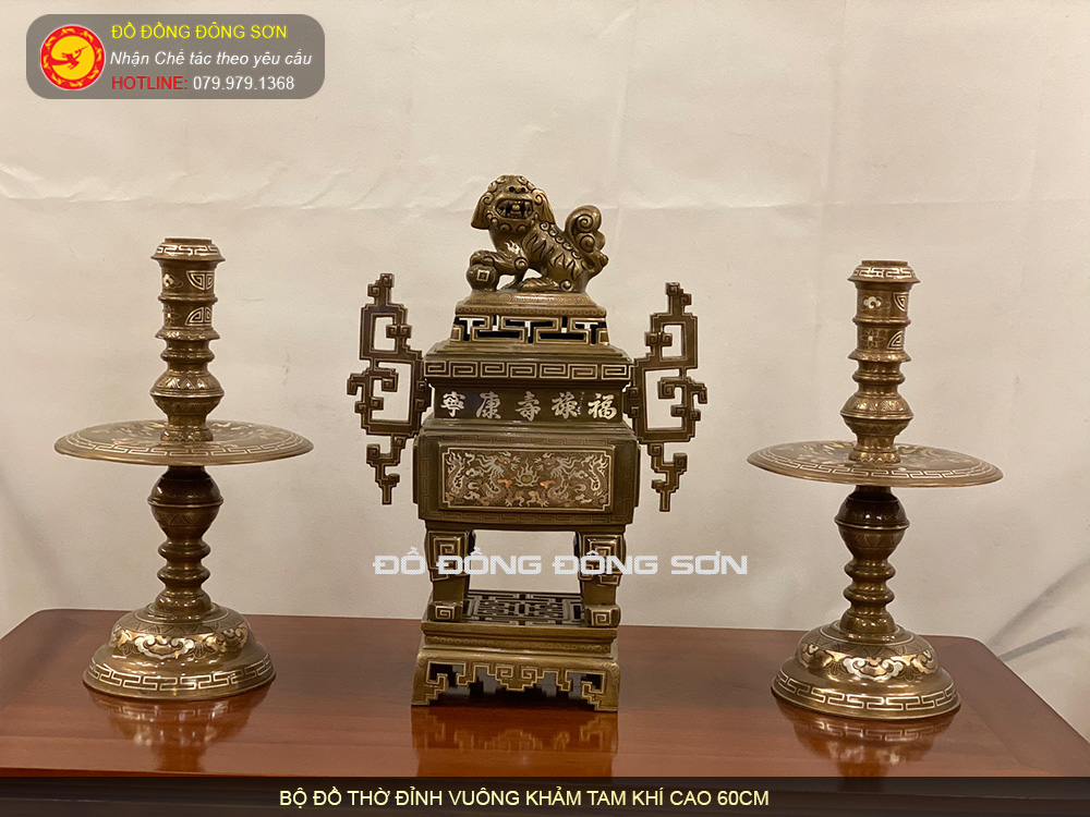 Bộ đồ thờ đỉnh vuông cao 60cm khảm tam khí