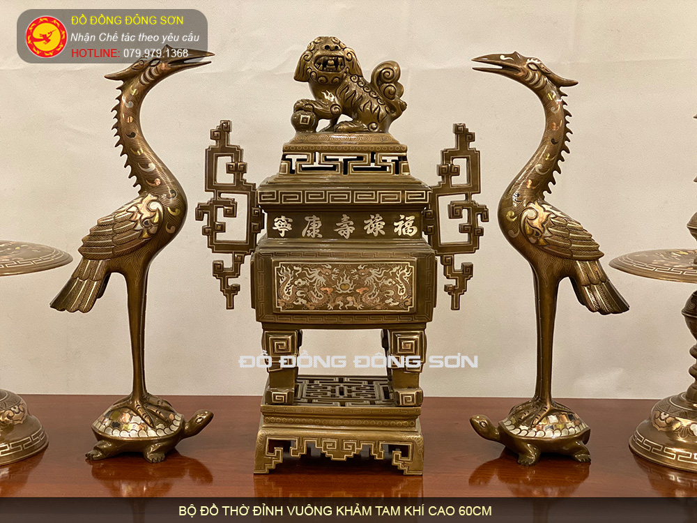 Bộ đồ thờ đỉnh vuông cao 60cm khảm tam khí