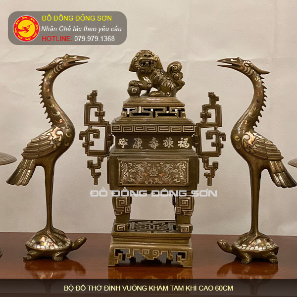 Bộ đồ thờ đỉnh vuông cao 60cm khảm tam khí