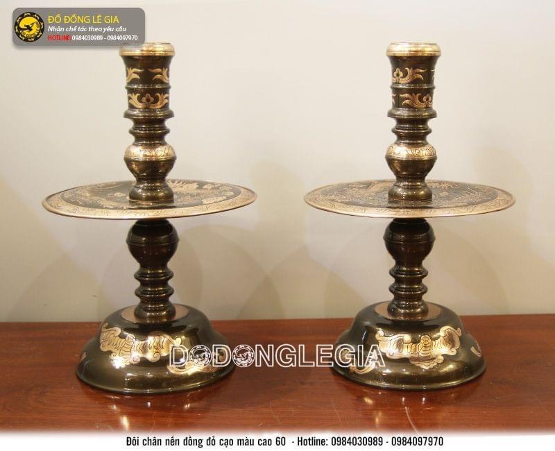 Bộ đồ thờ ngũ sự bằng đồng đỏ cạo màu phớt nỉ
