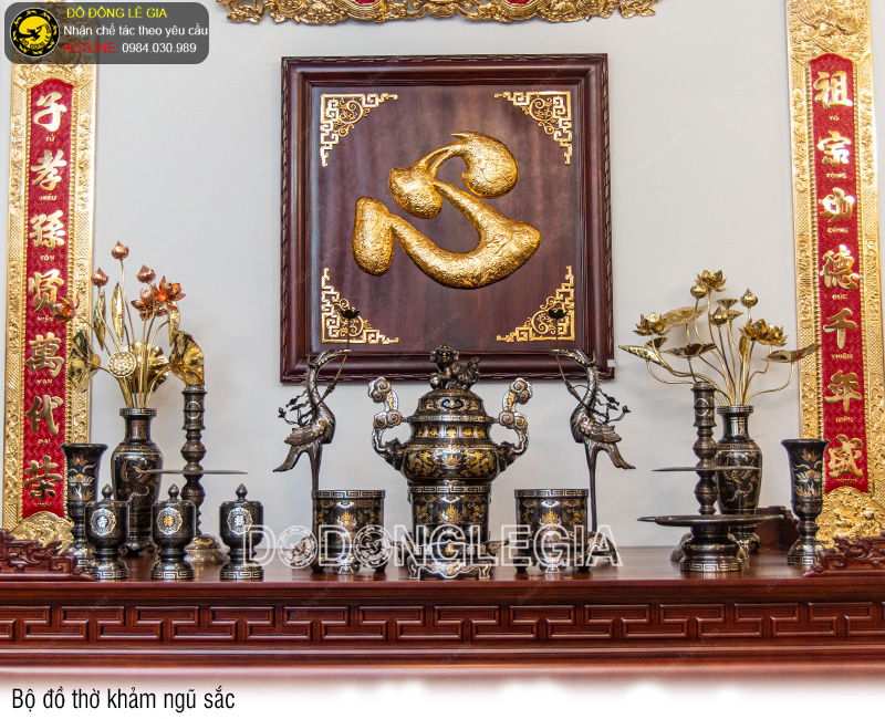 Bộ đồ thờ bằng đồng đỏ khảm ngũ sắc đủ kích thước