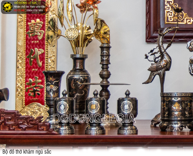 Bộ đồ thờ bằng đồng đỏ khảm ngũ sắc đủ kích thước