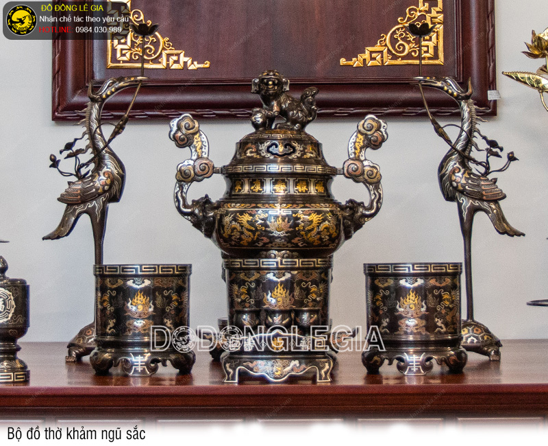 Bộ đồ thờ bằng đồng đỏ khảm ngũ sắc đủ kích thước