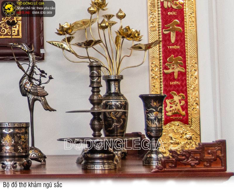 Bộ đồ thờ bằng đồng đỏ khảm ngũ sắc đủ kích thước