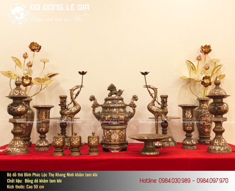 Đồ thờ bằng đồng khảm tam khí đầy đủ