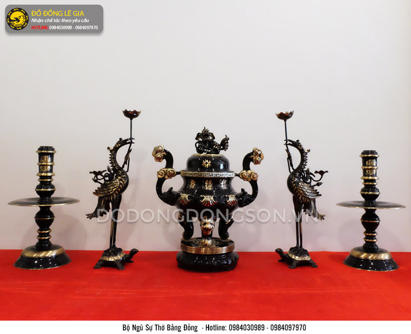 Bộ ngũ sự bằng đồng sơn đen chạm rồng phượng cao 50cm