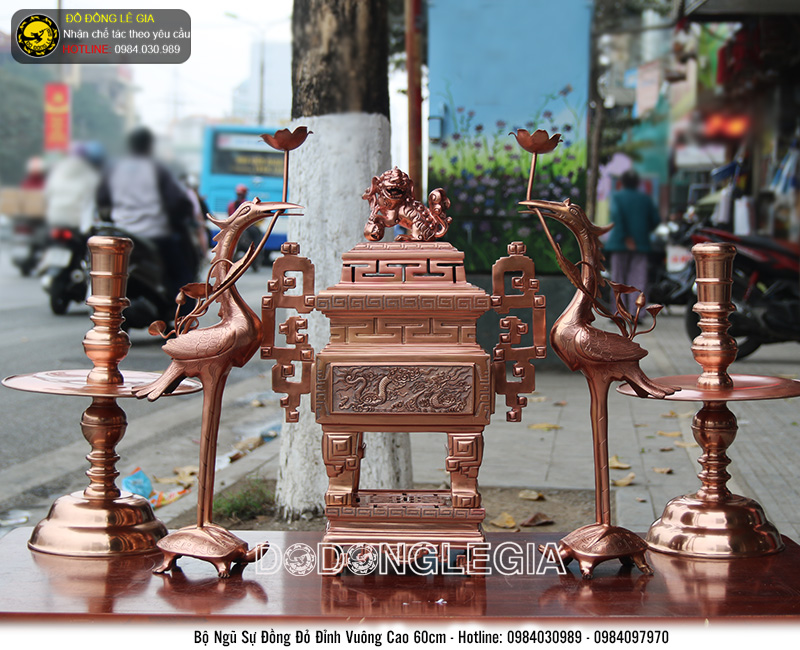 Bộ đồ thờ ngũ sự đỉnh vuông chạm tứ linh cao 60cm hàng thửa