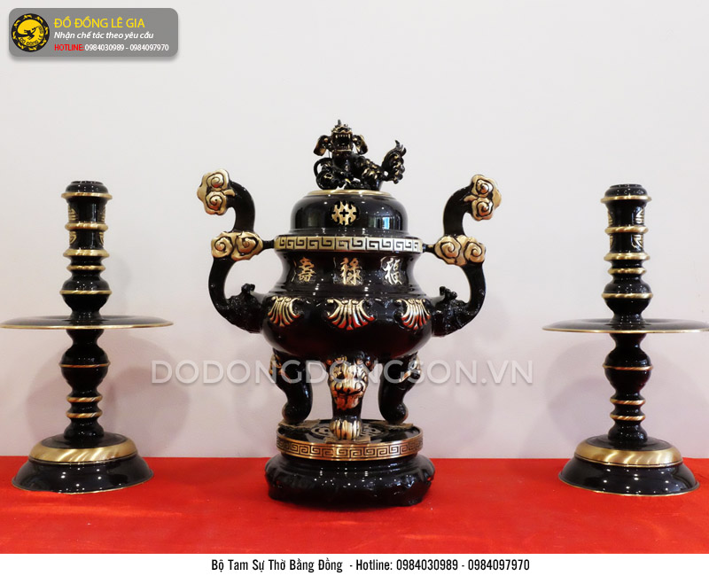 Bộ ngũ sự bằng đồng sơn đen chạm rồng phượng cao 50cm