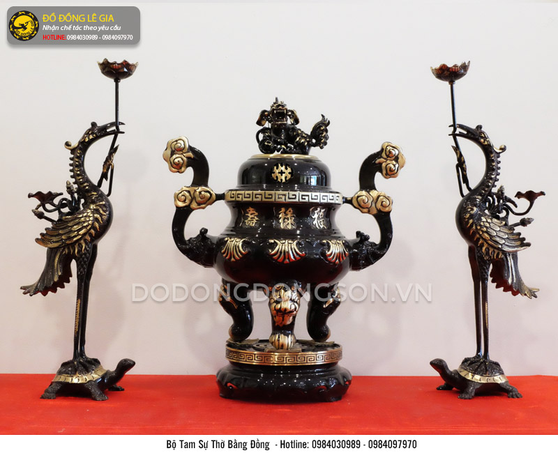 Bộ ngũ sự bằng đồng sơn đen chạm rồng phượng cao 50cm