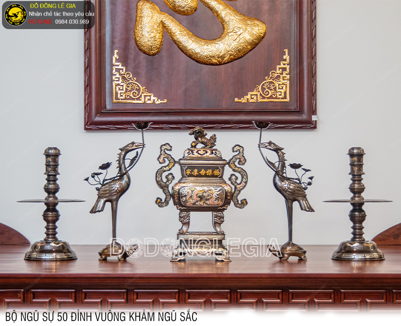 Bộ Ngũ Sự 50 Đỉnh Vuông khảm ngũ sắc