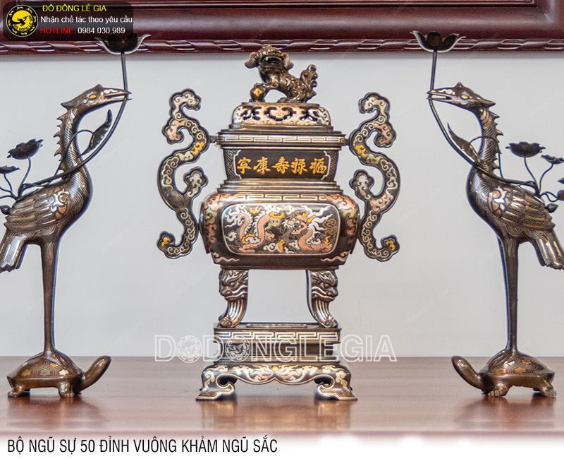 Bộ Ngũ Sự Đỉnh Vuông khảm ngũ sắc