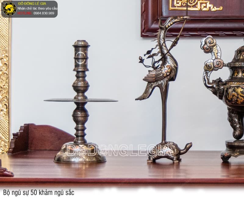 Bộ Ngũ Sự bằng đồng đỏ khảm ngũ sắc đủ kích thước