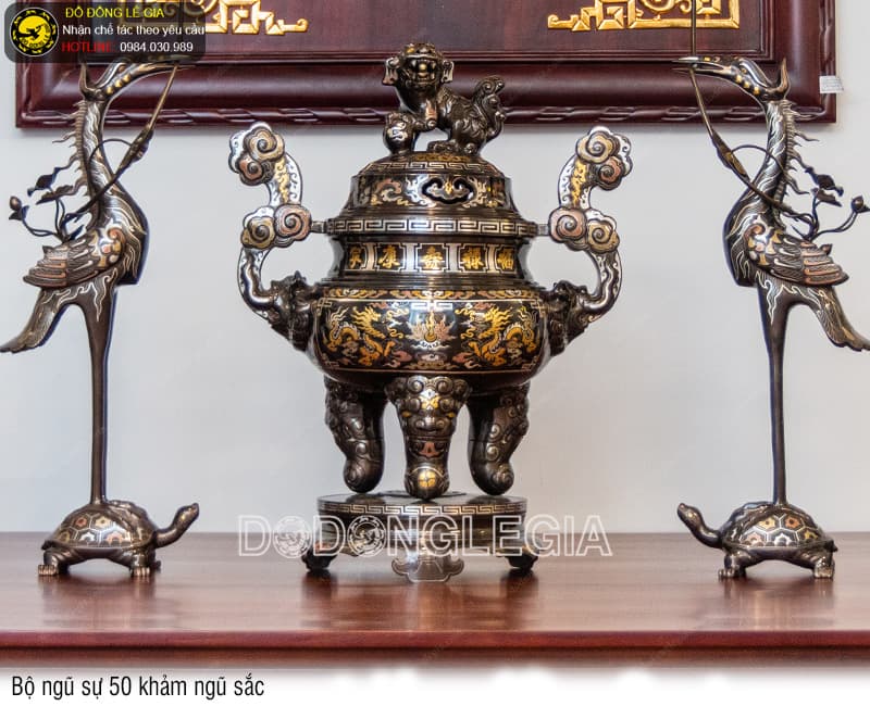 Bộ Ngũ Sự bằng đồng đỏ khảm ngũ sắc đủ kích thước