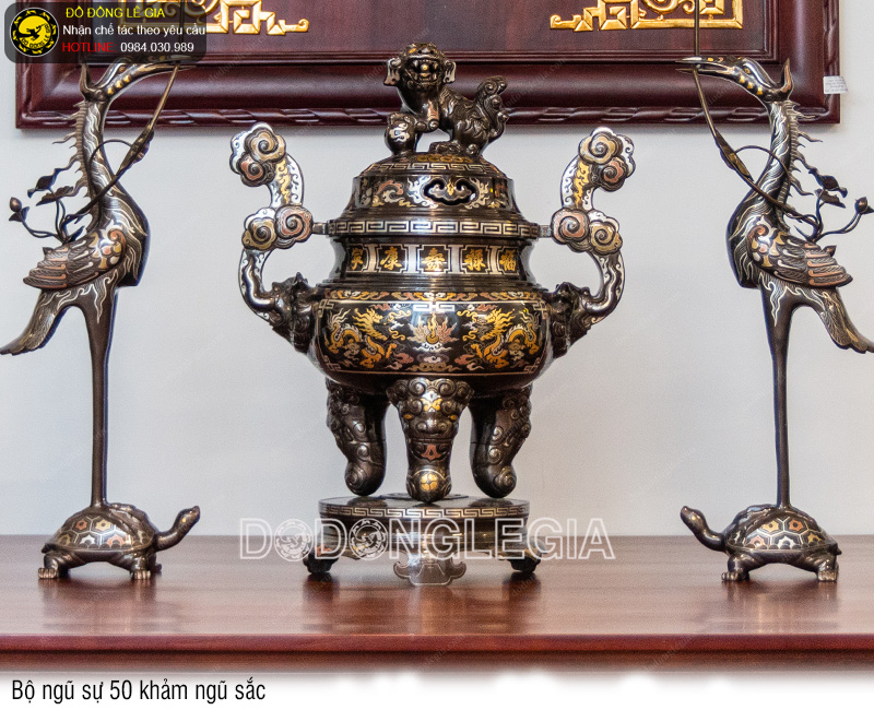 Bộ Ngũ Sự bằng đồng đỏ khảm ngũ sắc đủ kích thước