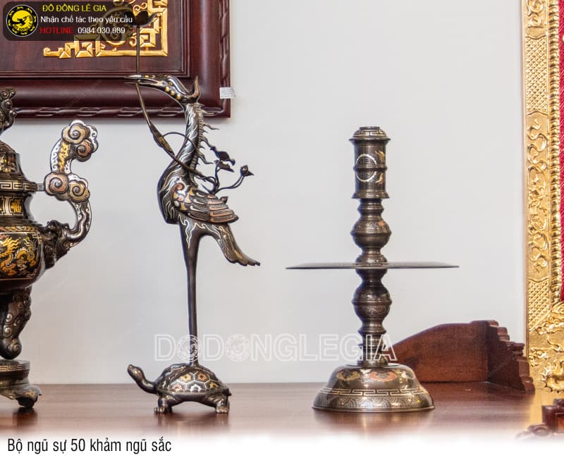 Bộ Ngũ Sự bằng đồng đỏ khảm ngũ sắc đủ kích thước