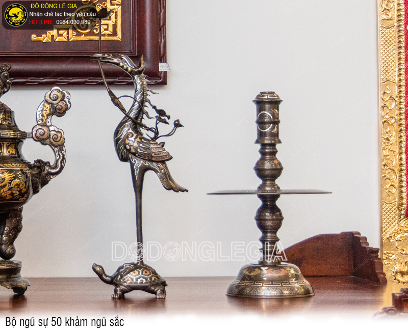 Bộ Ngũ Sự bằng đồng đỏ khảm ngũ sắc đủ kích thước
