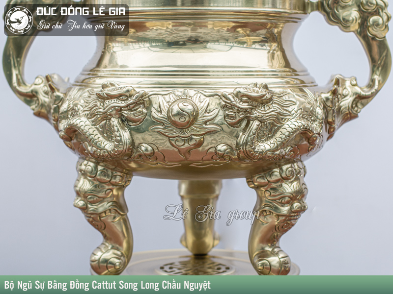 Bộ Ngũ sự bằng đồng cattut Song Long chầu nguyệt