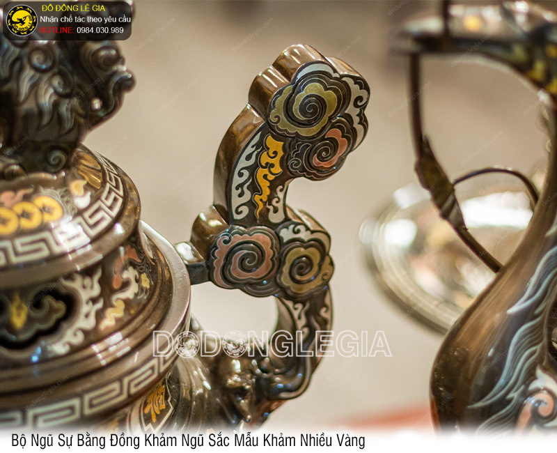 Bộ Ngũ Sự bằng đồng khảm ngũ sắc mẫu khảm nhiều vàng