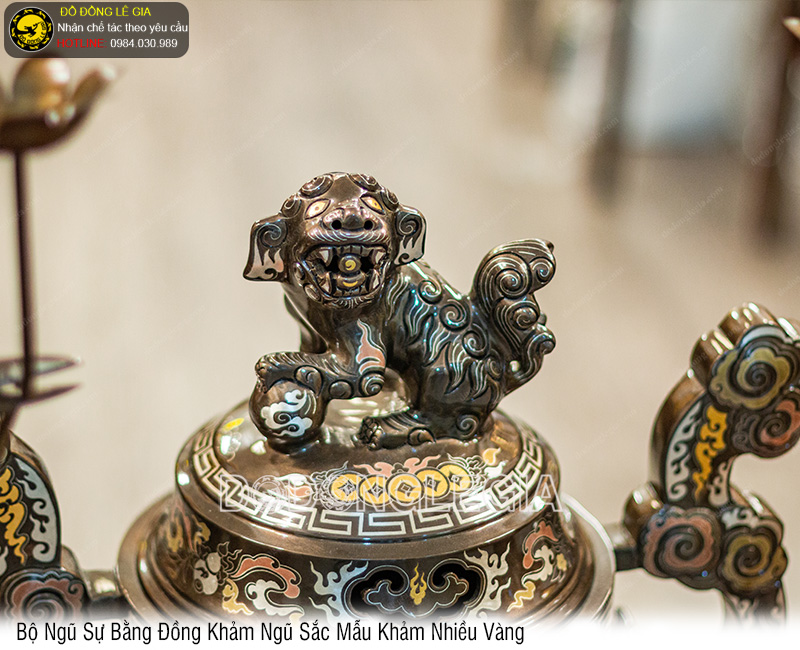 Bộ Ngũ Sự bằng đồng khảm ngũ sắc mẫu khảm nhiều vàng
