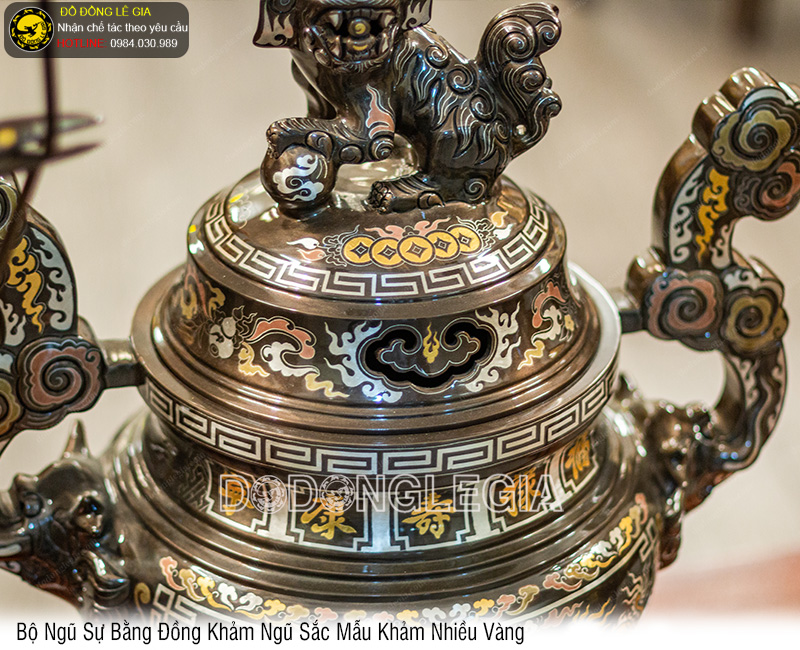 Bộ Ngũ Sự bằng đồng khảm ngũ sắc mẫu khảm nhiều vàng