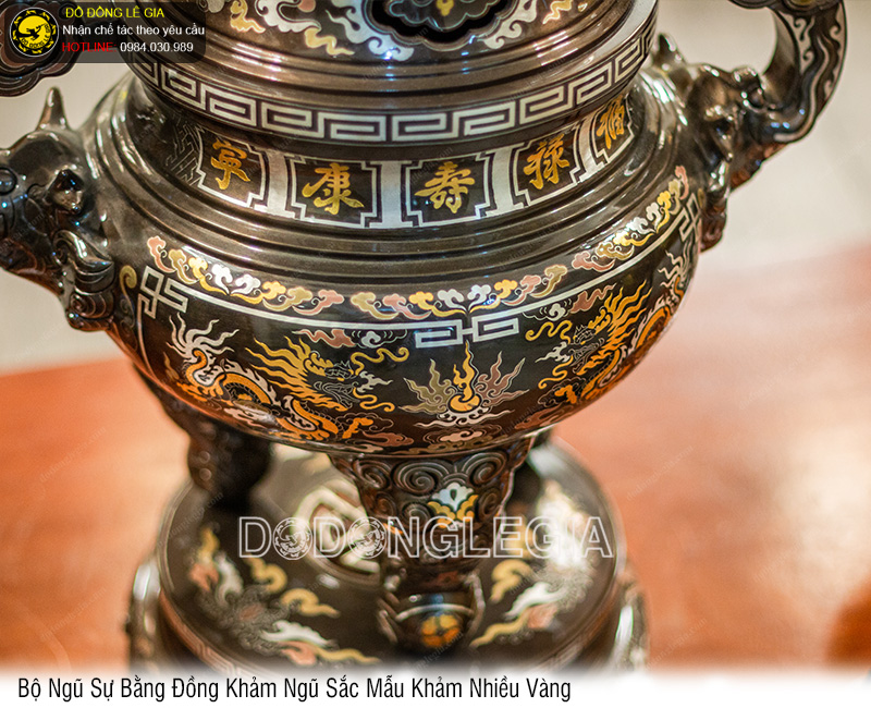 Bộ Ngũ Sự bằng đồng khảm ngũ sắc mẫu khảm nhiều vàng