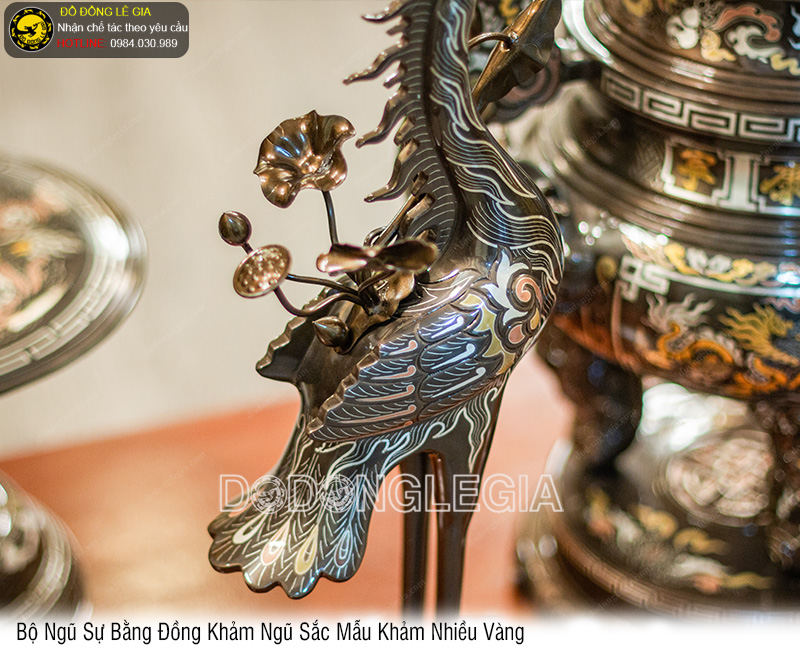 Bộ Ngũ Sự bằng đồng khảm ngũ sắc mẫu khảm nhiều vàng