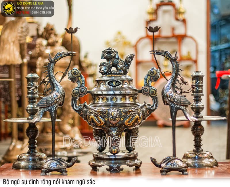 Bộ Ngũ Sự Đỉnh Rồng Nổi khảm ngũ sắc