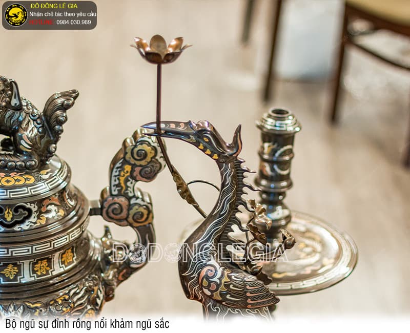 Bộ Ngũ Sự Đỉnh Rồng Nổi khảm ngũ sắc