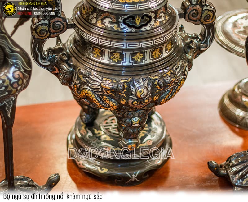 Bộ Ngũ Sự Đỉnh Rồng Nổi khảm ngũ sắc