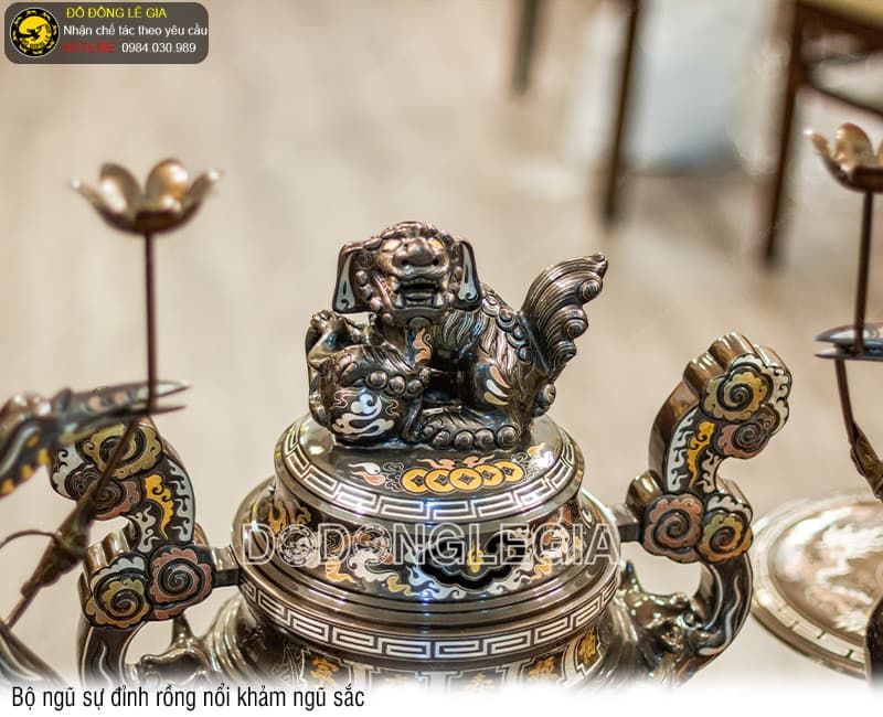 Bộ Ngũ Sự Đỉnh Rồng Nổi khảm ngũ sắc