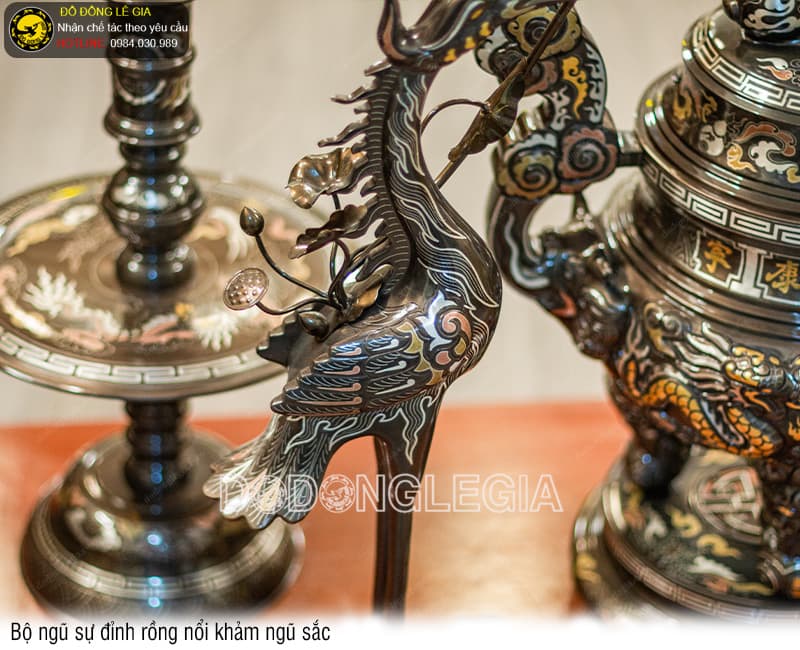 Bộ Ngũ Sự Đỉnh Rồng Nổi khảm ngũ sắc