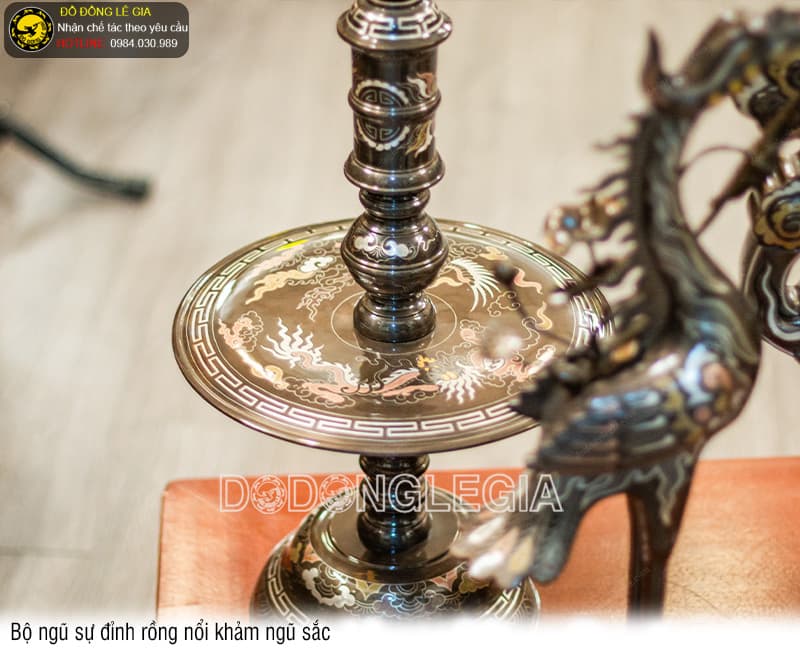 Bộ Ngũ Sự Đỉnh Rồng Nổi khảm ngũ sắc