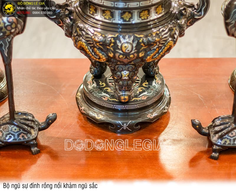 Bộ Ngũ Sự Đỉnh Rồng Nổi khảm ngũ sắc