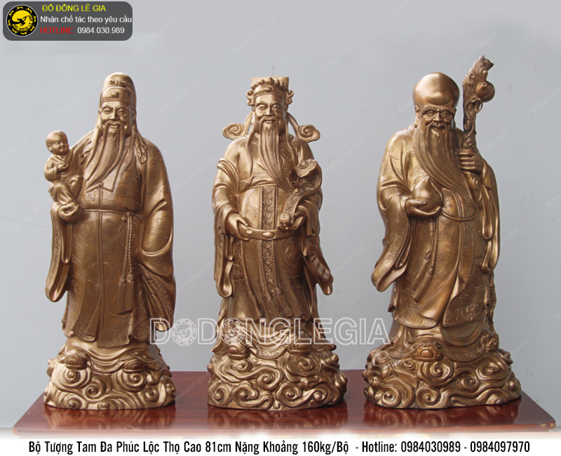 Bộ tượng tam đa Phúc Lộc Thọ bằng đồng đỏ cao 81cm