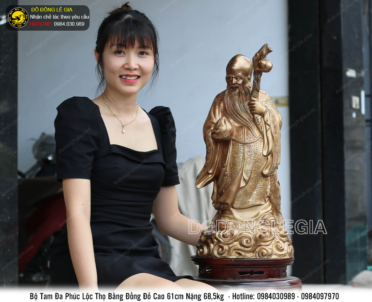 Bộ tượng Phúc Lộc Thọ bằng đồng đỏ cao 61cm