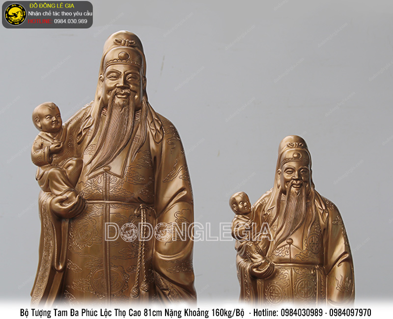 Bộ tượng tam đa Phúc Lộc Thọ bằng đồng đỏ cao 81cm