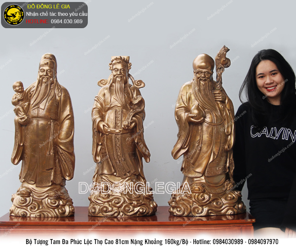 Bộ tượng tam đa Phúc Lộc Thọ bằng đồng đỏ cao 81cm