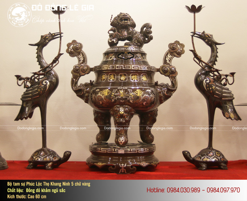 Bộ tam sự đỉnh hạc khảm ngũ sắc cao 60cm