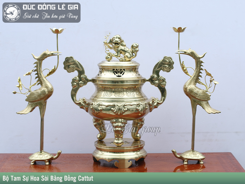 Bộ Tam Sự Hoa Sòi( đỉnh hạc) bằng đồng cattut