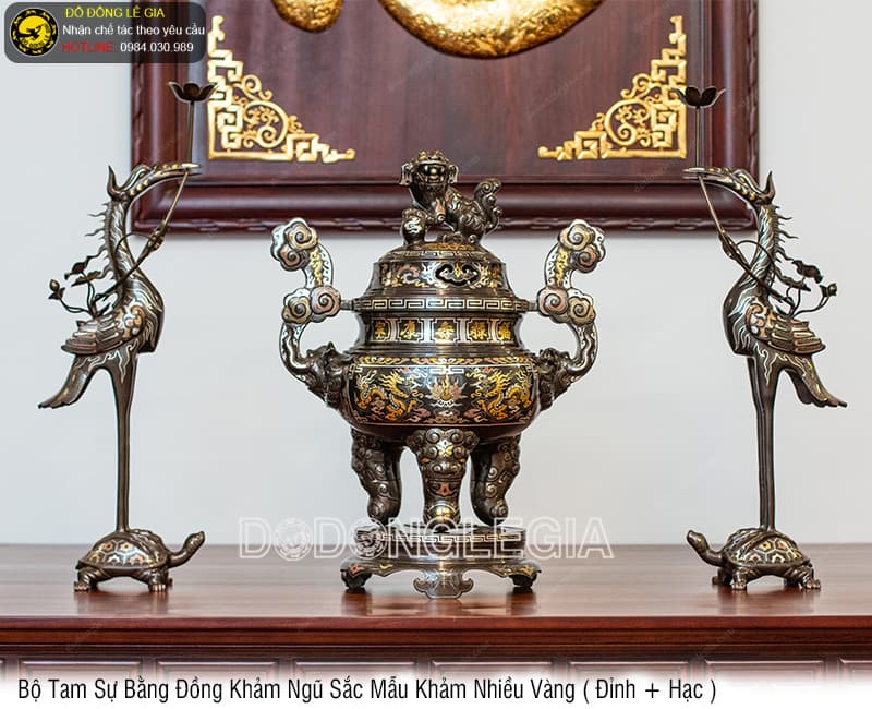 Bộ Tam Sự khảm ngũ sắc Mẫu Khảm Nhiều Vàng (đầu vàng, thân vàng) - Đỉnh và Hạc