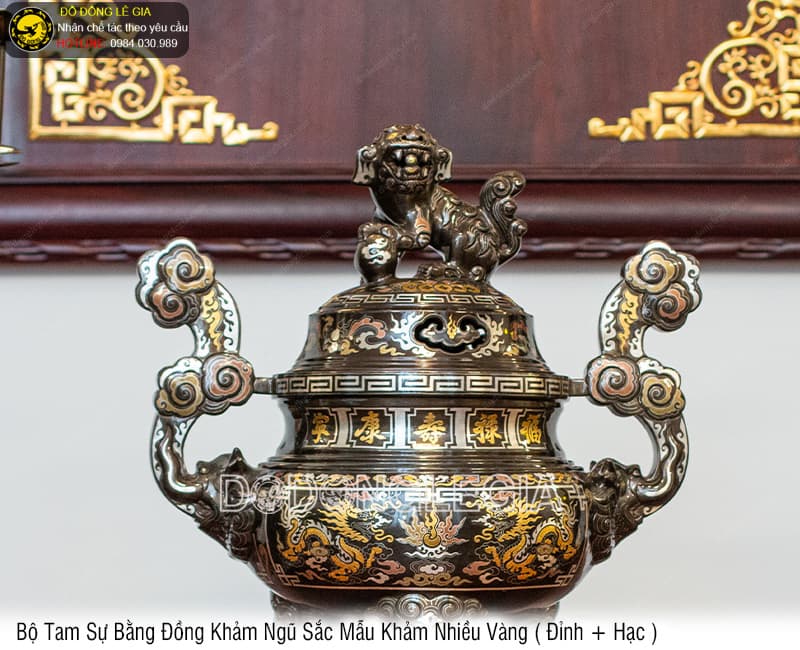 Bộ Tam Sự khảm ngũ sắc Mẫu Khảm Nhiều Vàng (đầu vàng, thân vàng) - Đỉnh và Hạc