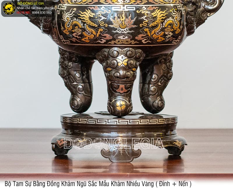 Bộ Tam Sự khảm ngũ sắc Mẫu Khảm Nhiều Vàng (đầu vàng, thân vàng) - Đỉnh và Hạc