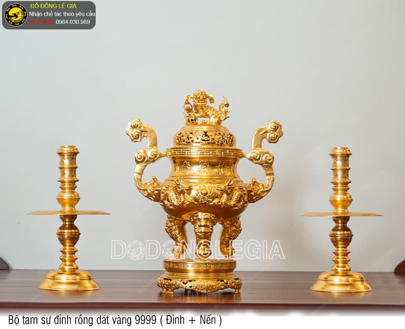 Bộ Tam Sự Đỉnh Rồng dát vàng 9999 (Đỉnh và Nến)