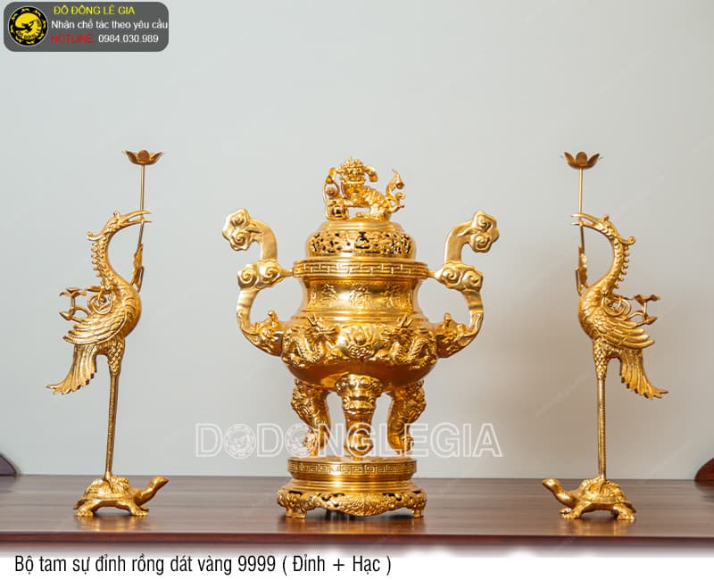 Bộ Tam Sự Đỉnh Rồng dát vàng 9999 (Đỉnh và Hạc)