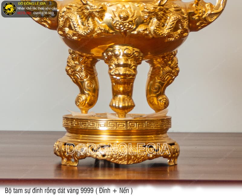 Bộ Tam Sự Đỉnh Rồng dát vàng 9999 (Đỉnh và Nến)