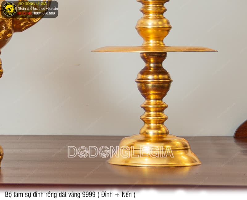 Bộ Tam Sự Đỉnh Rồng dát vàng 9999 (Đỉnh và Nến)