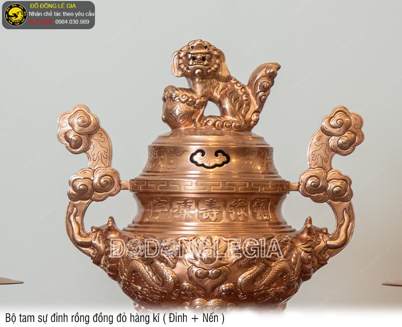 Bộ Tam Sự Đỉnh Rồng đồng đỏ hàng kĩ (Đỉnh và Nến)