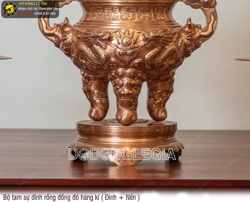 Bộ Tam Sự Đỉnh Rồng đồng đỏ hàng kĩ (Đỉnh và Nến)