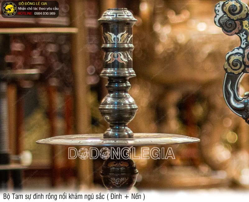 Bộ Tam Sự Đỉnh Rồng Nổi khảm ngũ sắc (Đỉnh + Nến)