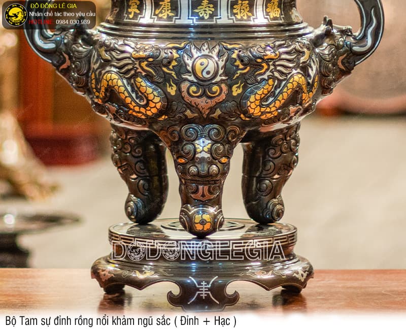 Bộ Tam Sự Đỉnh Rồng Nổi khảm ngũ sắc (Đỉnh + Nến)